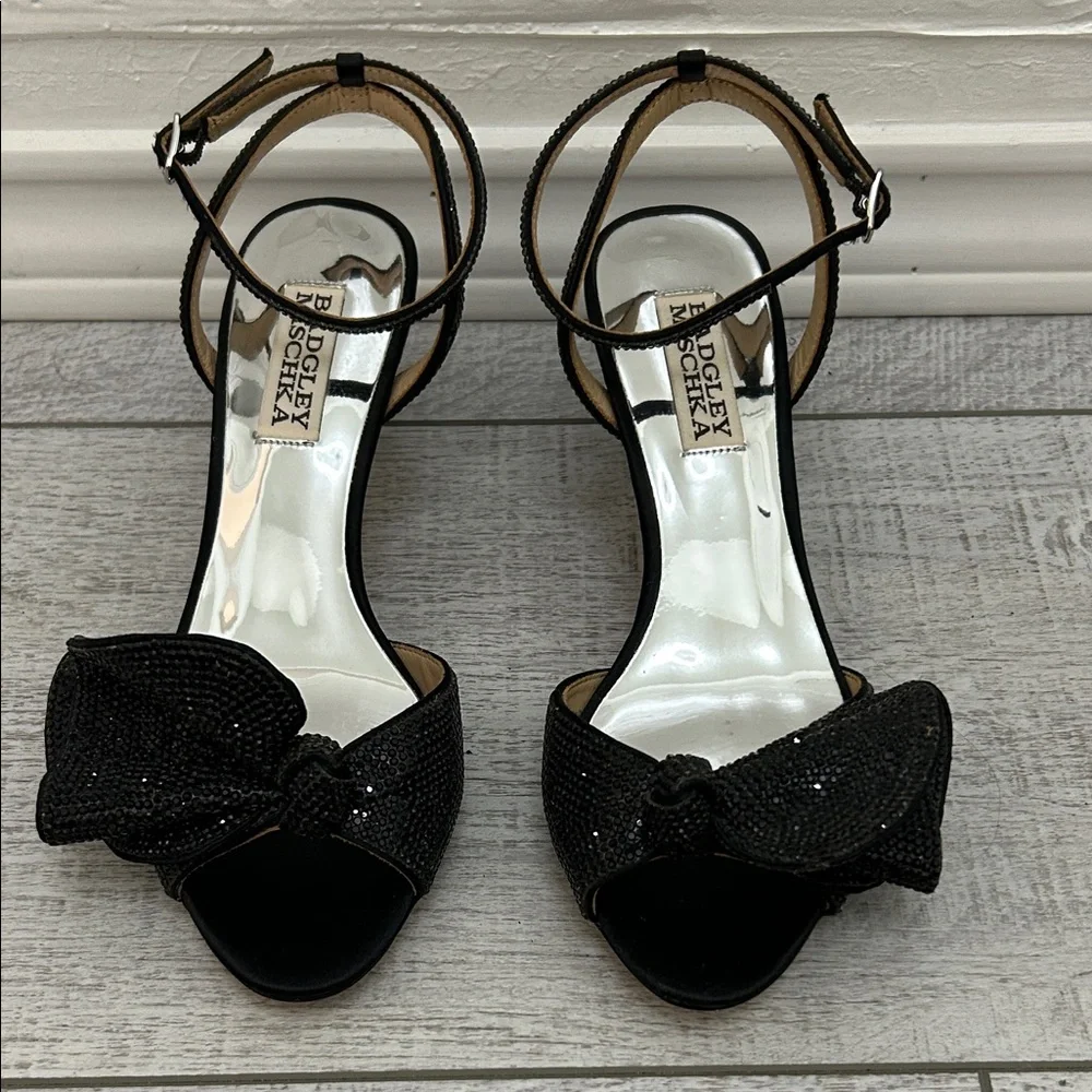Badgley Mischka Black Sequin Bow Ankle Strap Heels